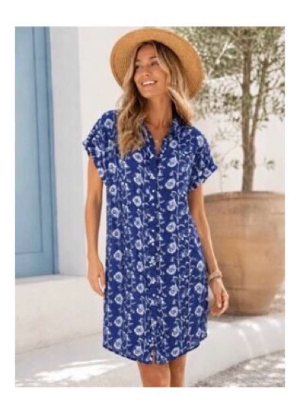 Natural Life L Blue Floral relaxed Button-Up cotton loose silhouette Shirt dress